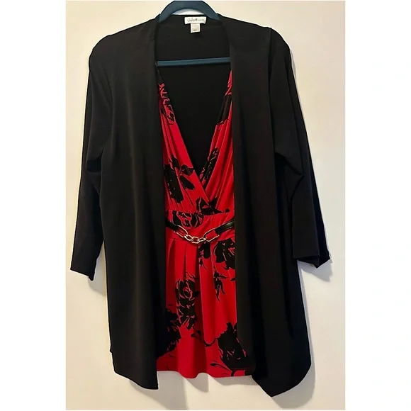 Jaclyn Smith Collection XL Red Black Floral Faux Wrap Dress Overlay Cardigan - Picture 1 of 16